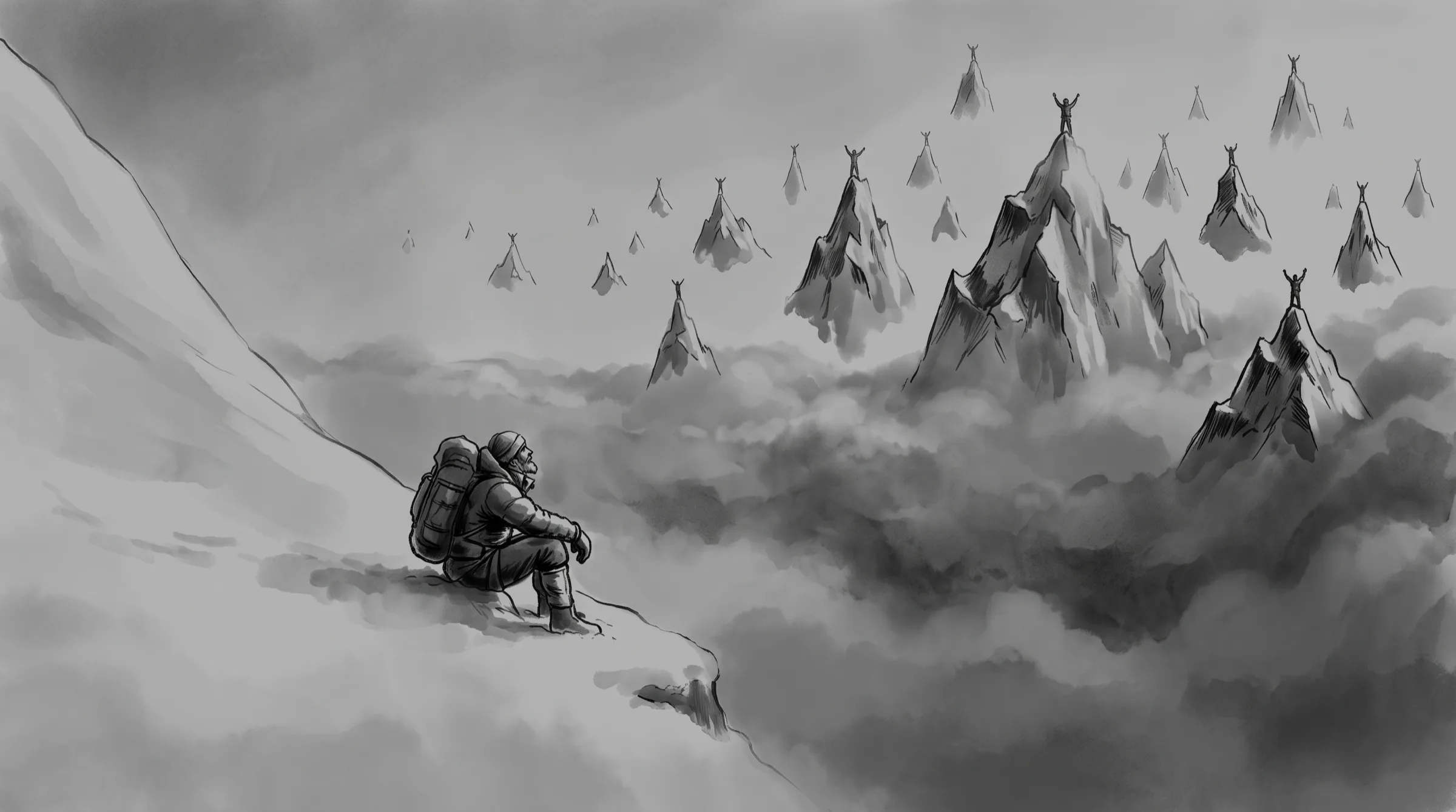 A black and white ink painting of a climber sitting to rest on a snowy slope above the clouds, looking up at dozens of sunlit mountain peaks floating in the sky, each with a tiny figure standing on the summit with arms raised